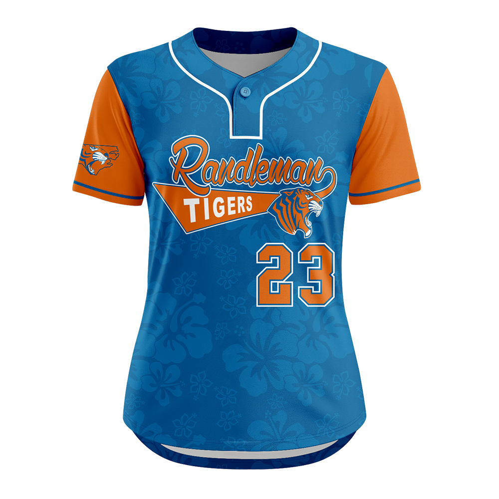 1-Button Softball Jersey in Blue and orange with 'Randleman Tigers' and number '23'