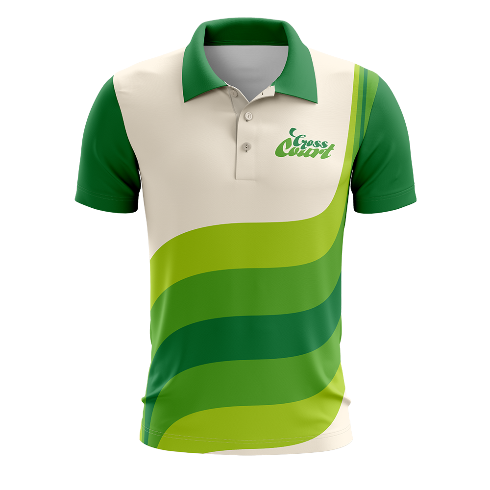 Green and white striped polo shirt with 'Cross Court' logo on a white background