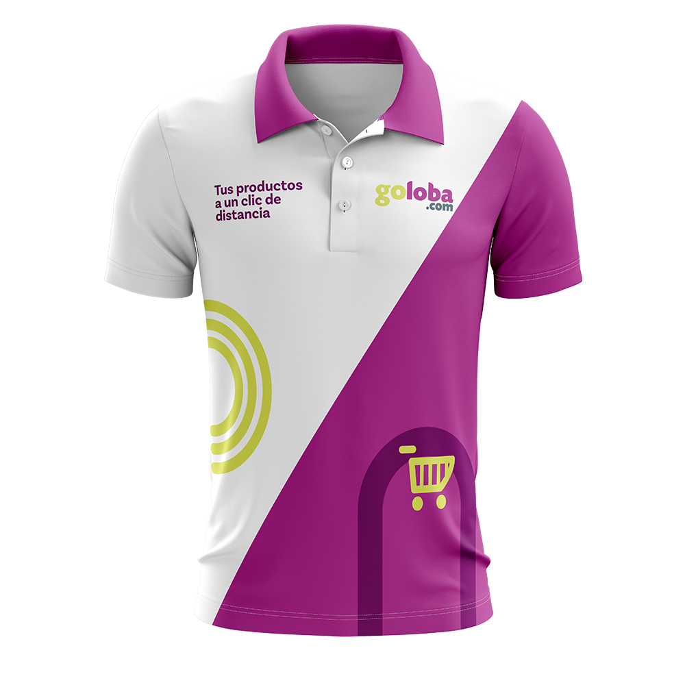 White and purple polo shirt with brand logo and text on a white background
