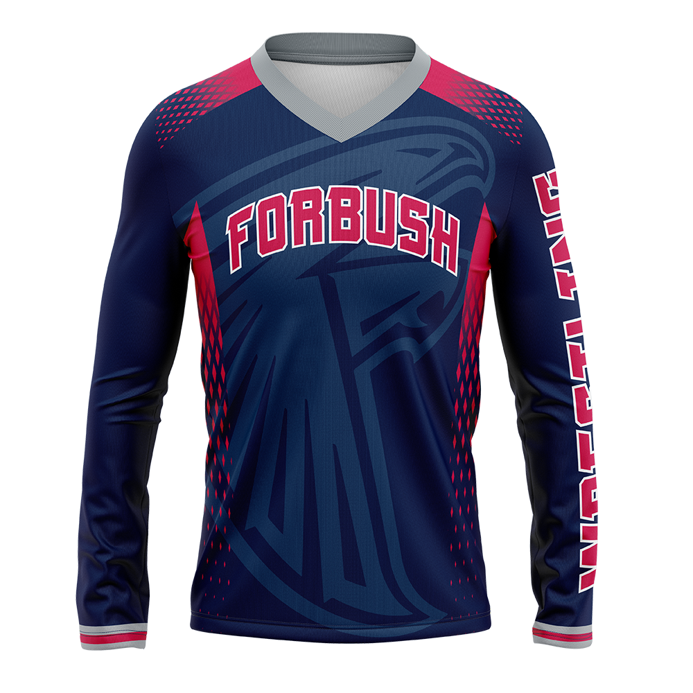 Long-sleeve shirt with 'FORBUSH' branding on a white background