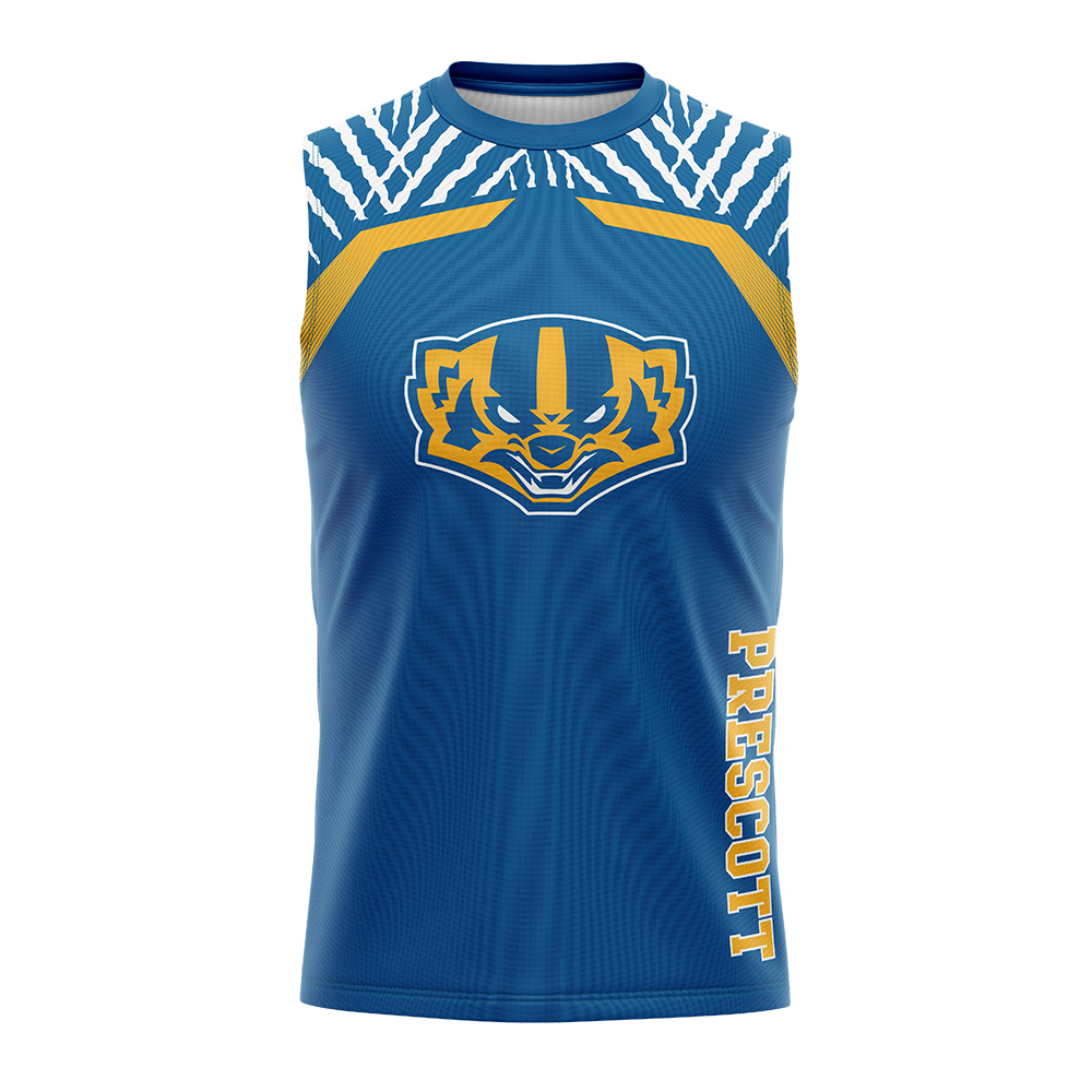 Blue sleeveless shirt with yellow accents and a logo on a white background