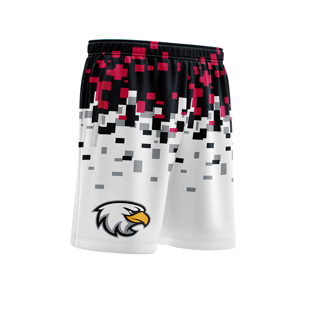 Shorts with black, red, and white pixelated pattern on a white background