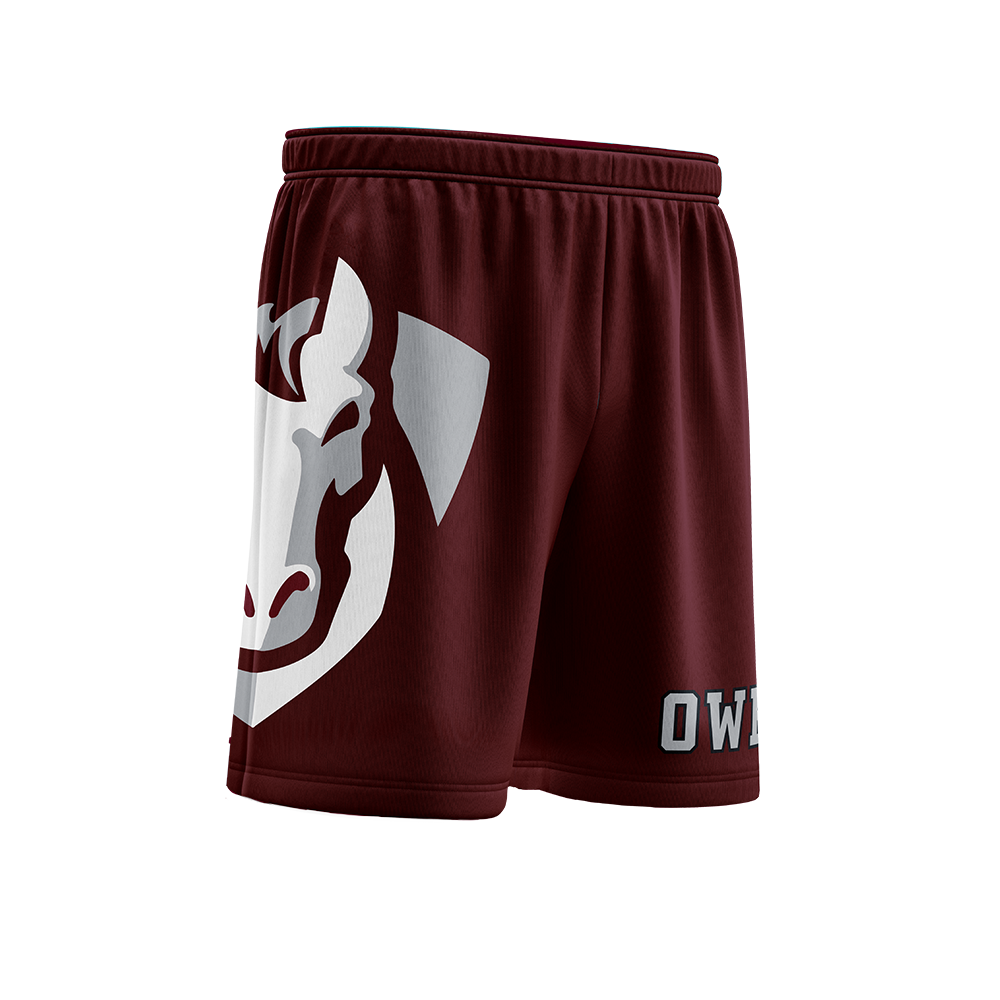 Maroon shorts with a white logo on a white background