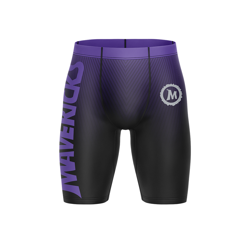 Black compression shorts with purple accents and branding on a white background