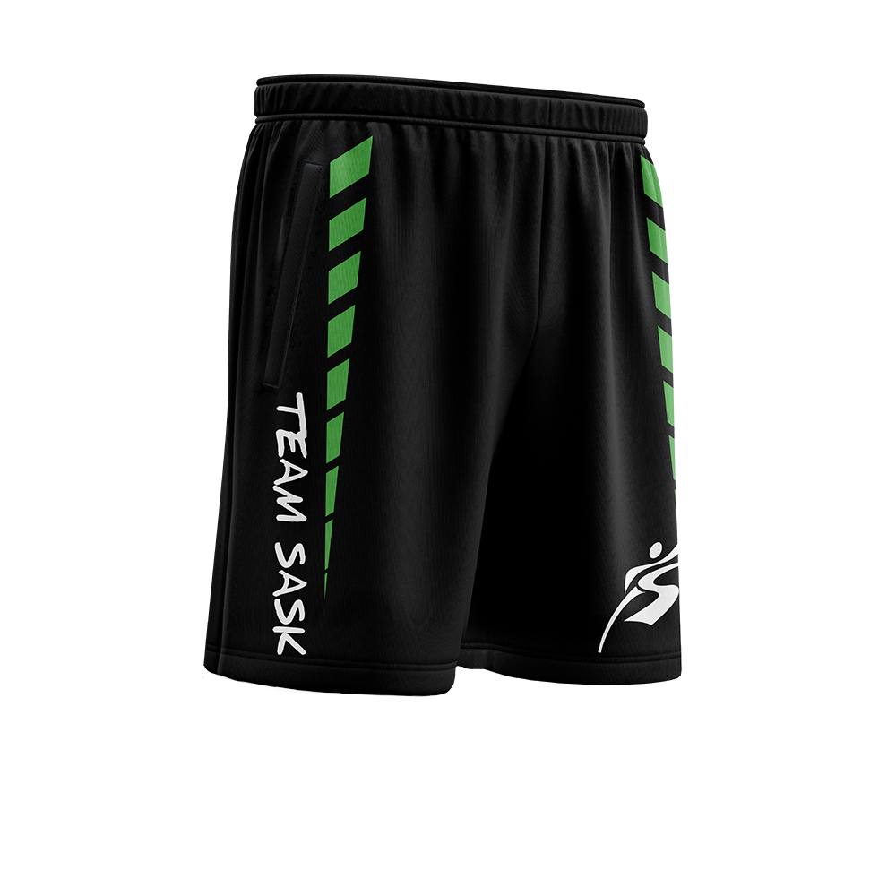 Black shorts with green accents and 'Team Sask' text on a white background