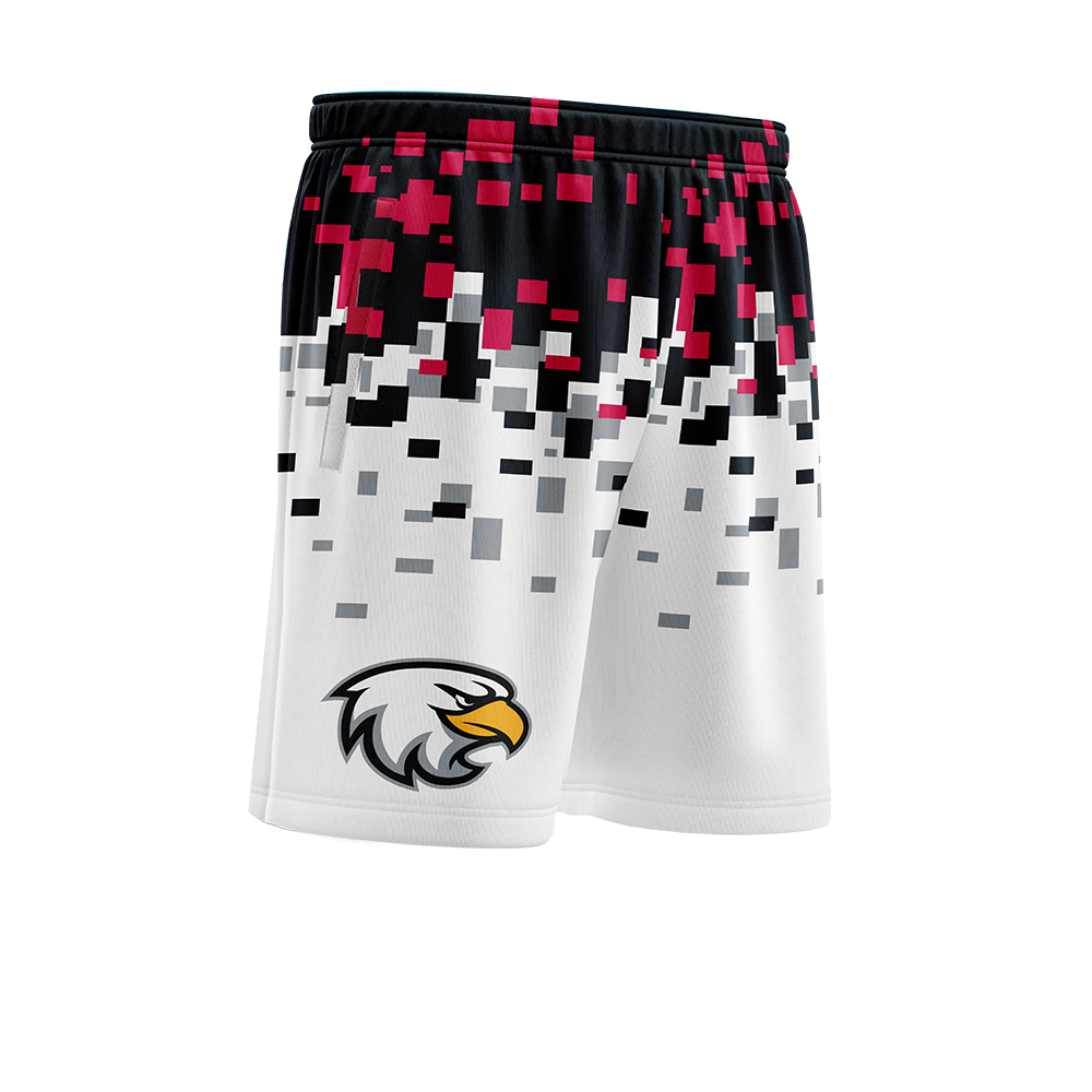 Shorts with pixelated design and eagle logo on a white background