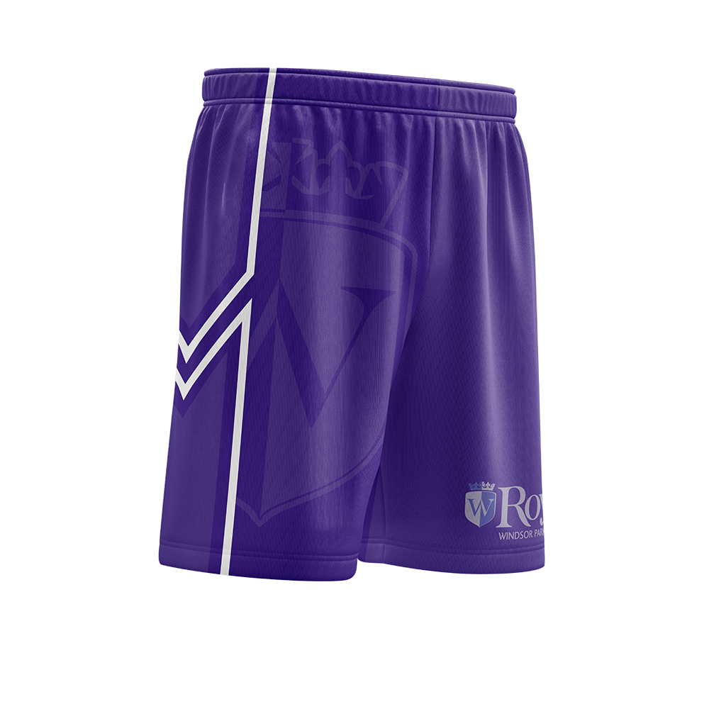 Purple shorts with a watermarked logo on a white background
