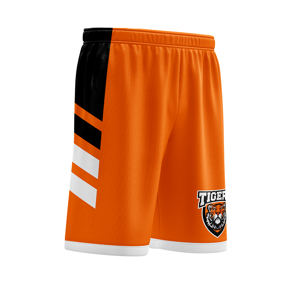 Orange shorts with black and white accents and a tiger logo on a white background