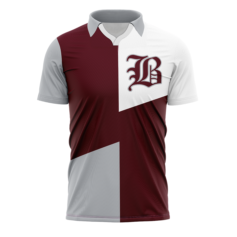 Maroon and white sports jersey with a logo on a white background