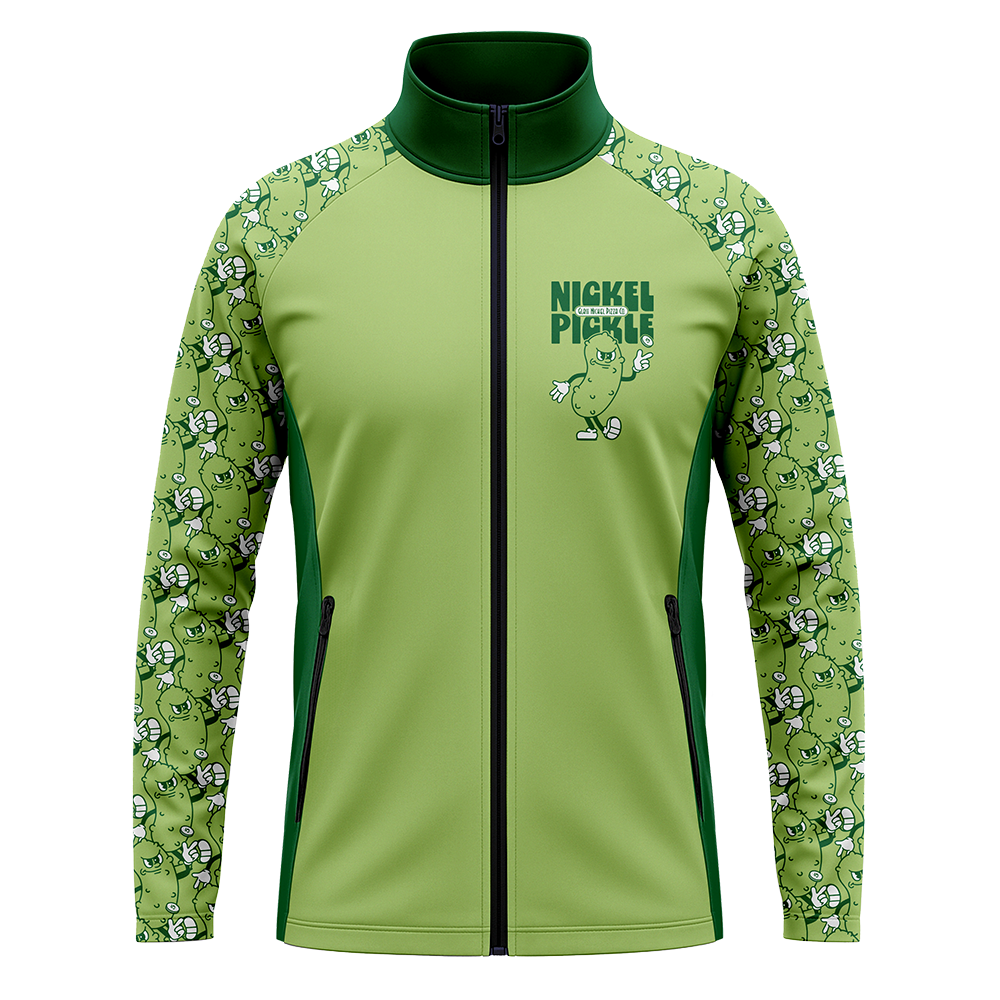 Green jacket with pickle pattern and branding