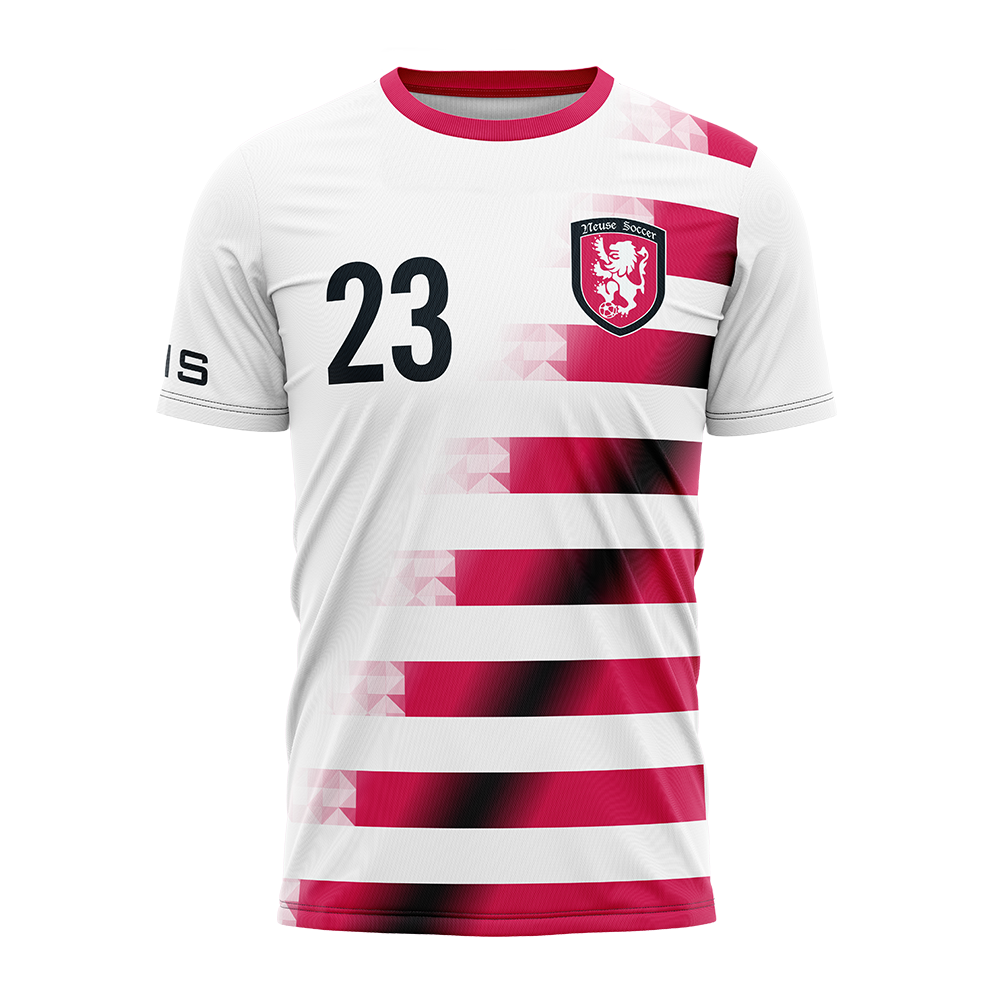 White and red striped sports jersey with number 23 and logo on a white background