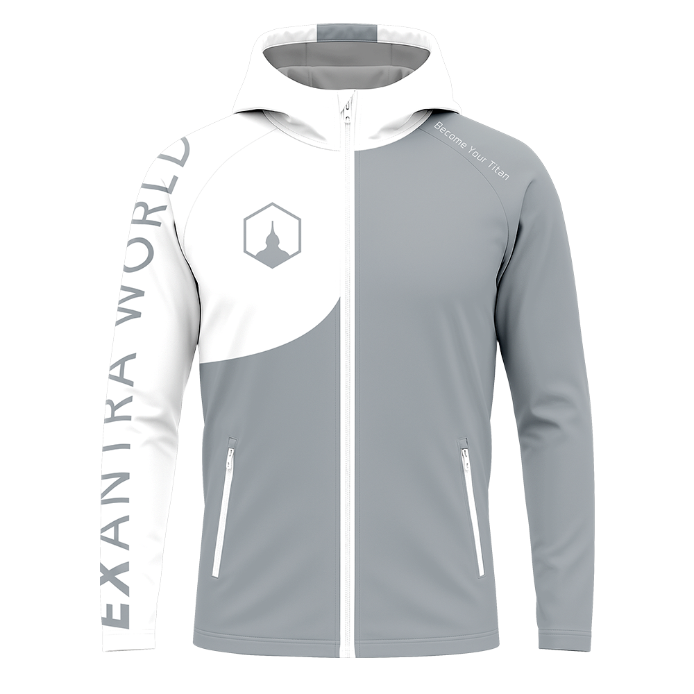 Gray and white jacket with Exanika World branding on sleeve and logo on right chest
