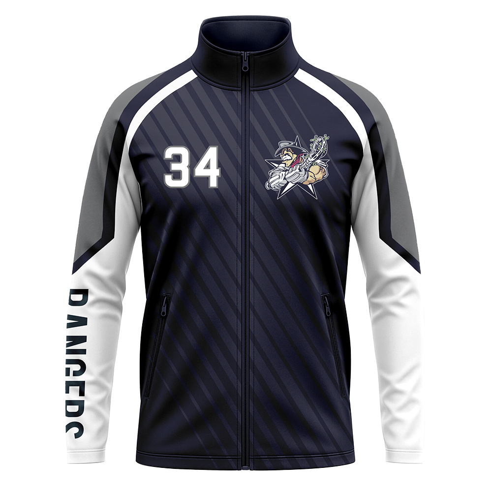 Black and white jacket with number 34 and logo on a white background
