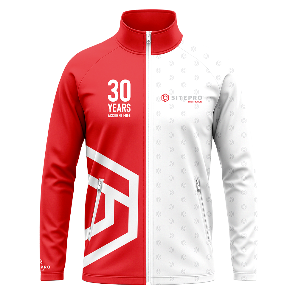 Red and white jacket with '30 Years Accident Free' text and SitePro logo.