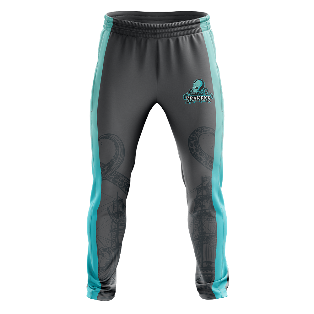 Gray and teal pants with a logo on a white background