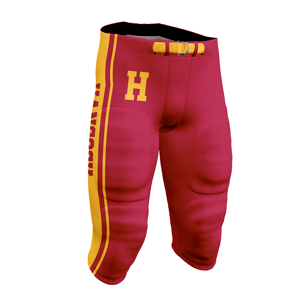 Red football pants with yellow stripes and letter 'H' on a white background