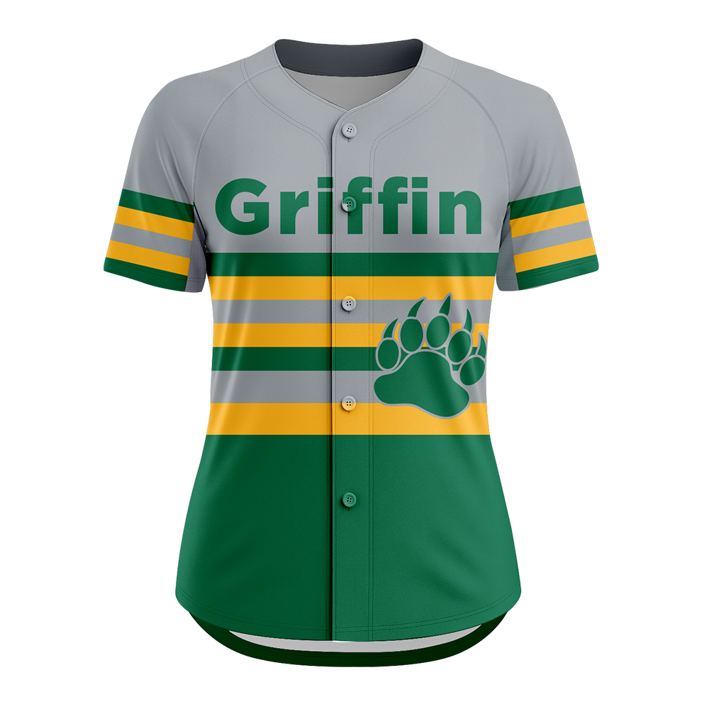 Baseball jersey with 'Griffin' and paw print design on a white background