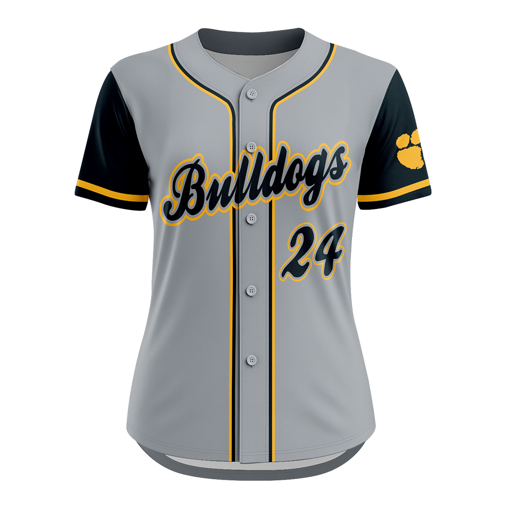 Full button Softball jersey with 'Bulldogs' and number '24' on a gray and black background