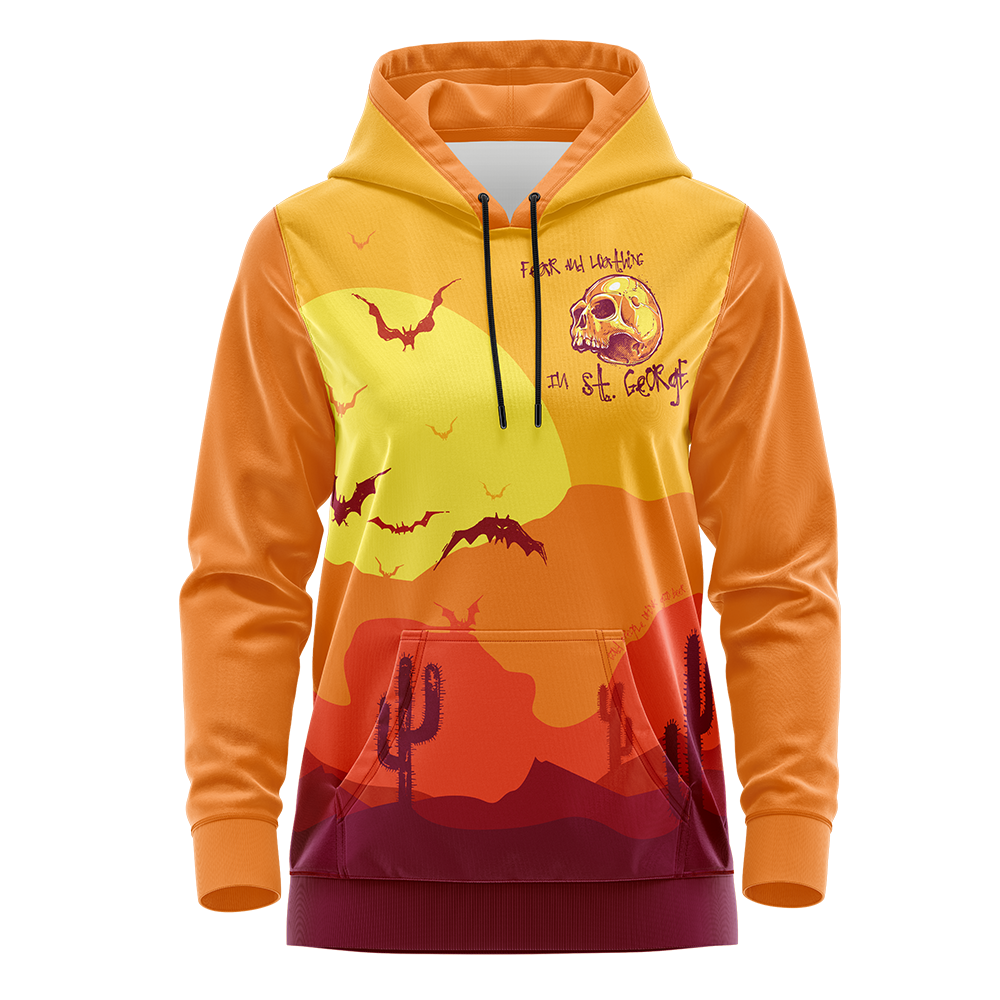Orange and yellow hoodie with graphic designs on a white background