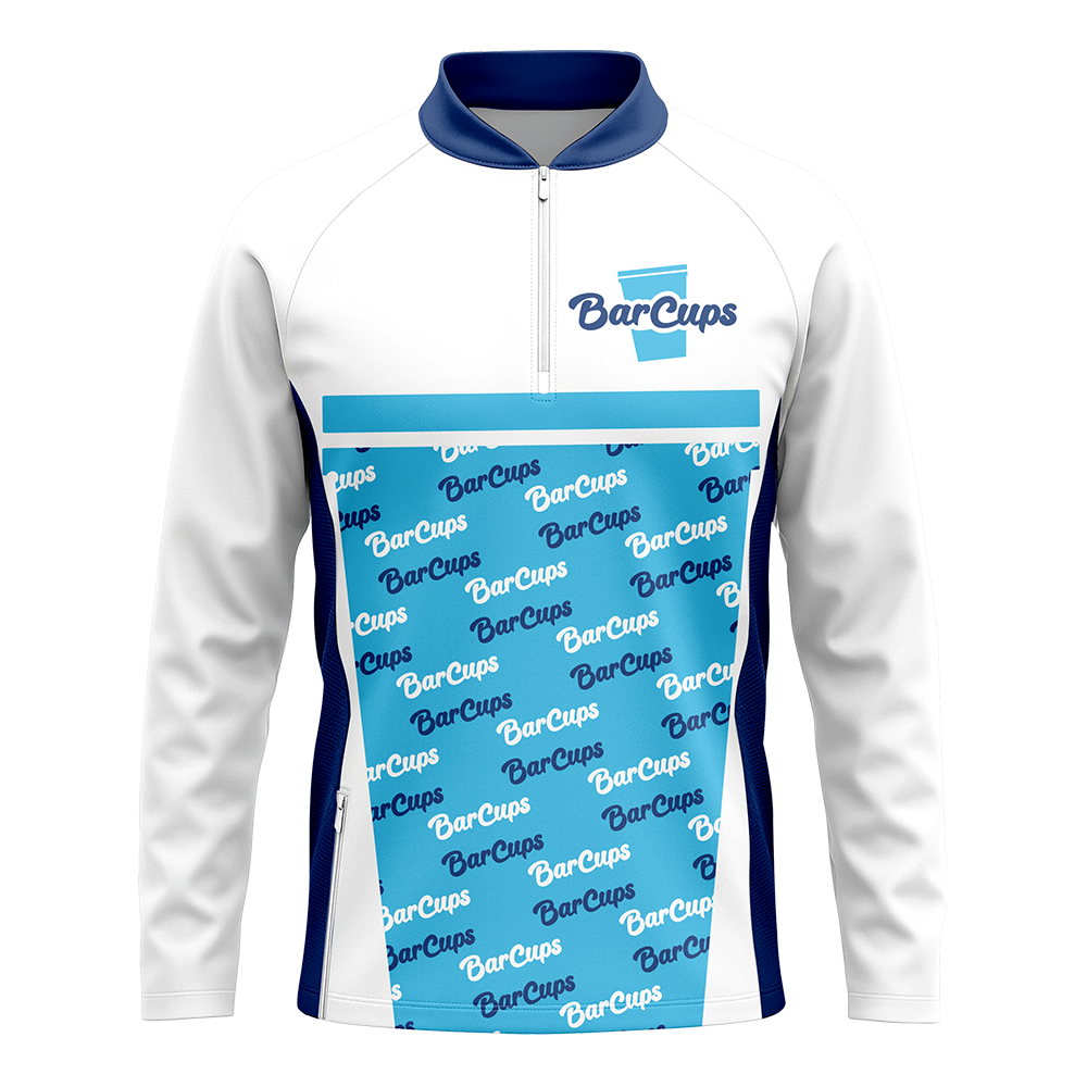 White and blue cycling jersey with 'BarCups' branding