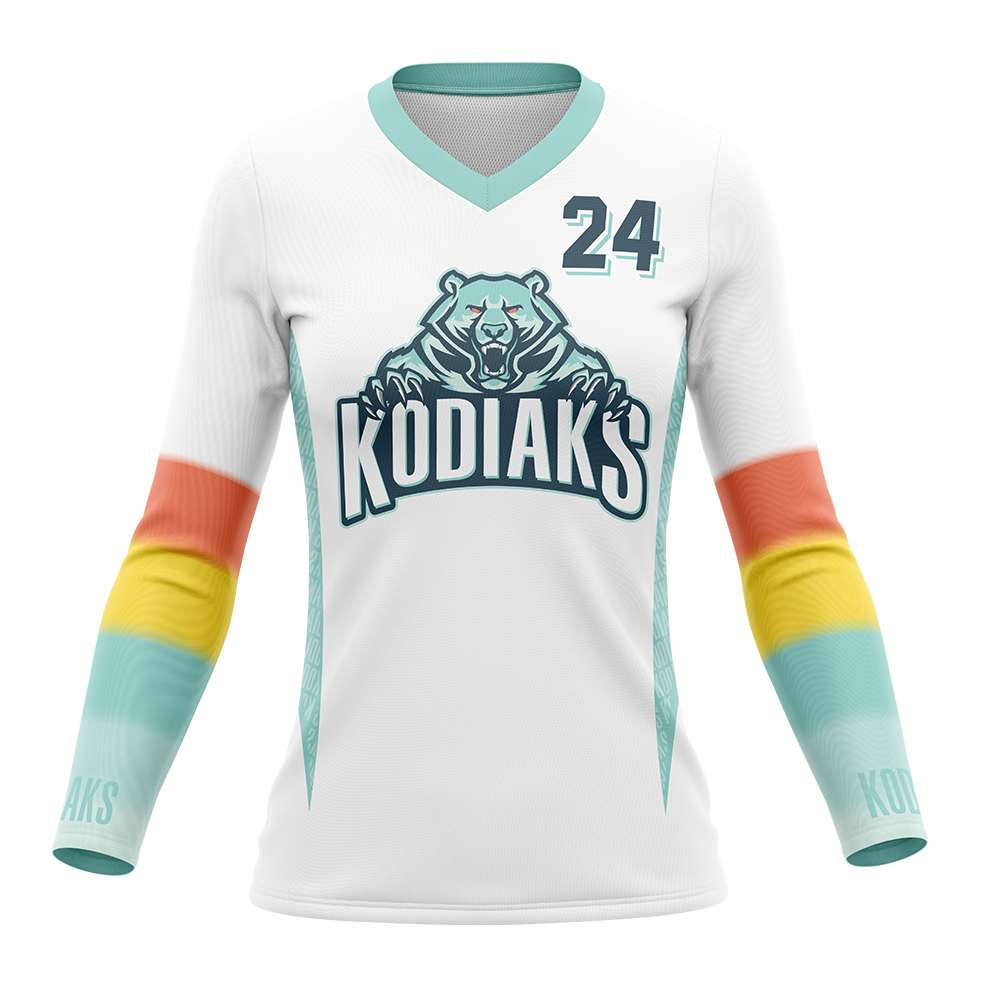 White long-sleeve shirt with colorful sleeves featuring 'Kodiaks' and number 24 design.