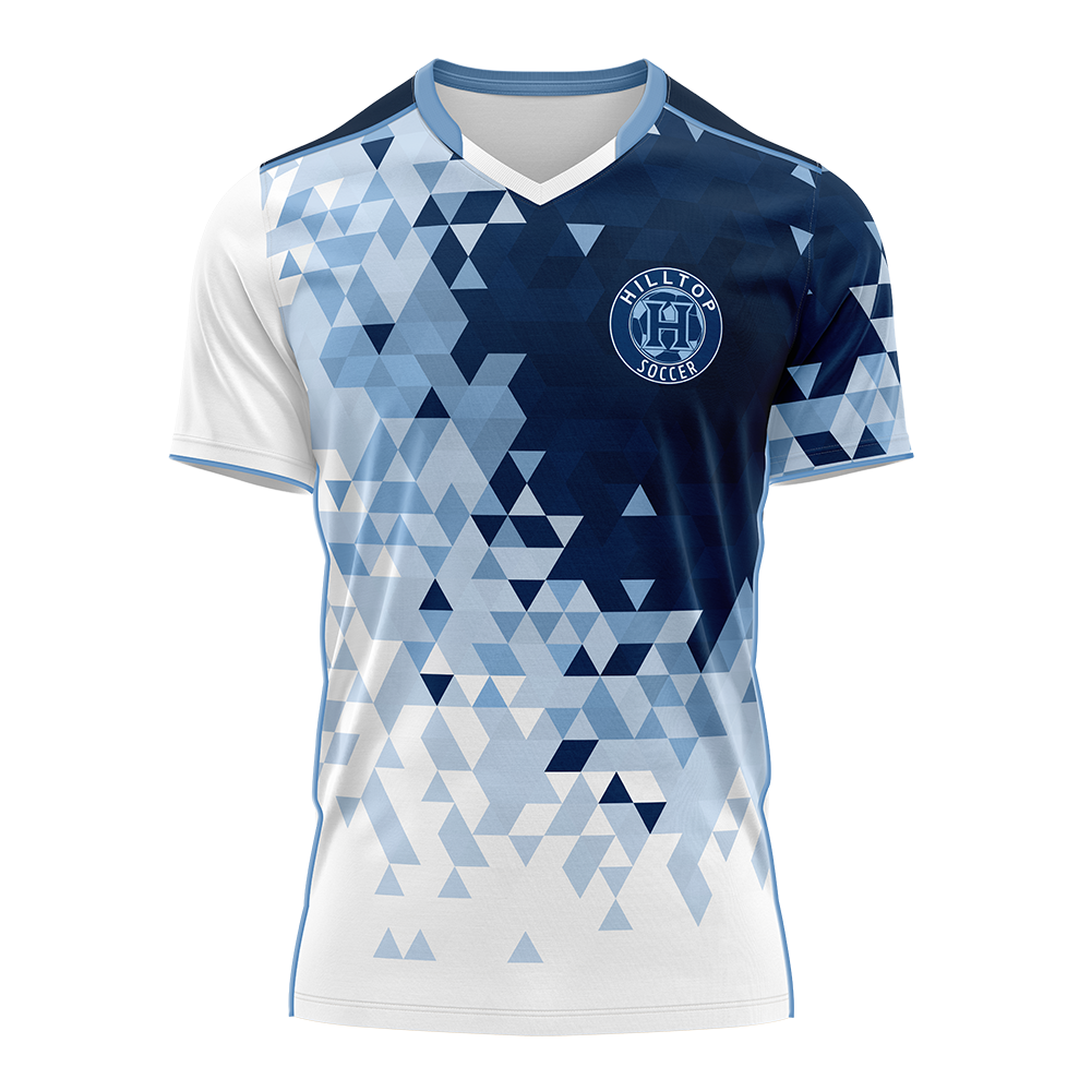 Soccer jersey with geometric pattern and logo on a white background