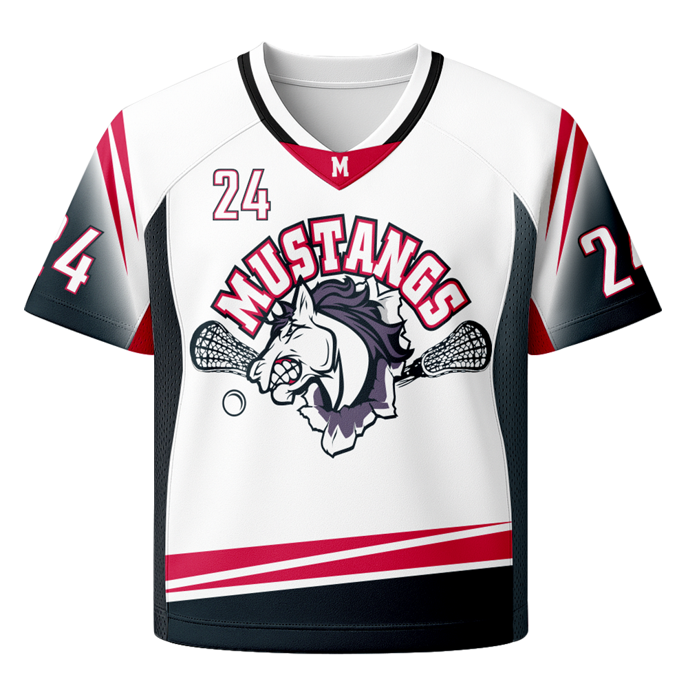 White sports jersey with red and black accents featuring a Mustang logo and number 24.
