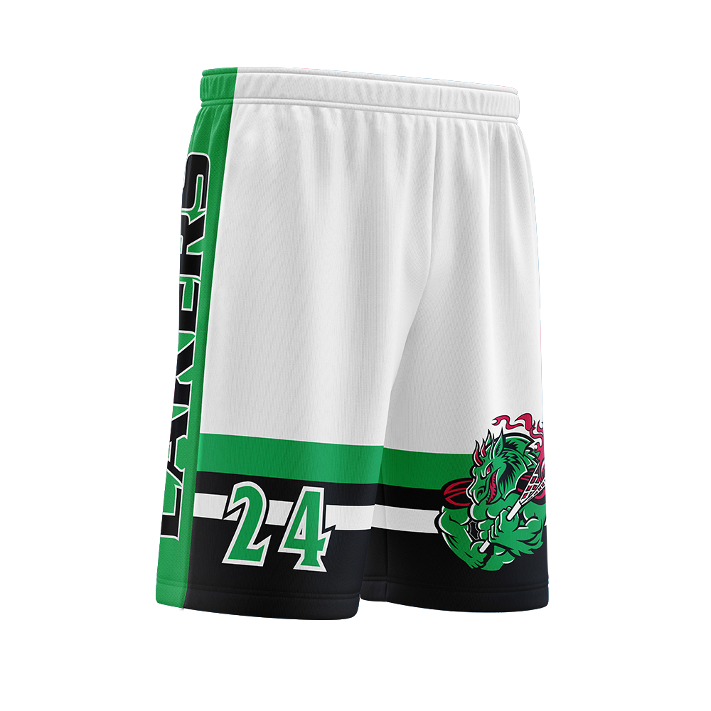 White shorts with green and black accents featuring a logo and number on a white background