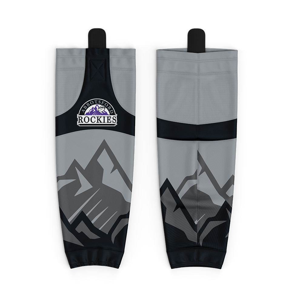 Gray and black hockey socks with mountain design and 'Rockies' branding on a white background