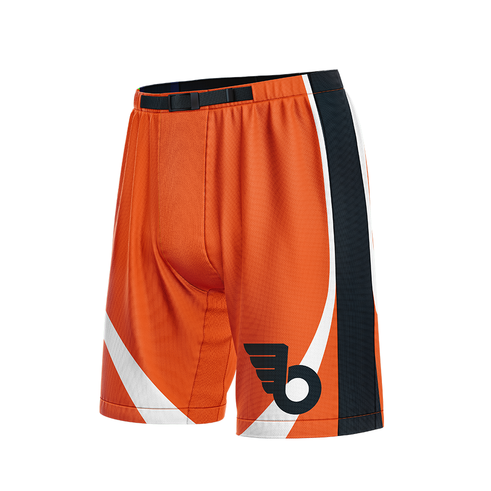 Orange shorts with black and white accents on a white background