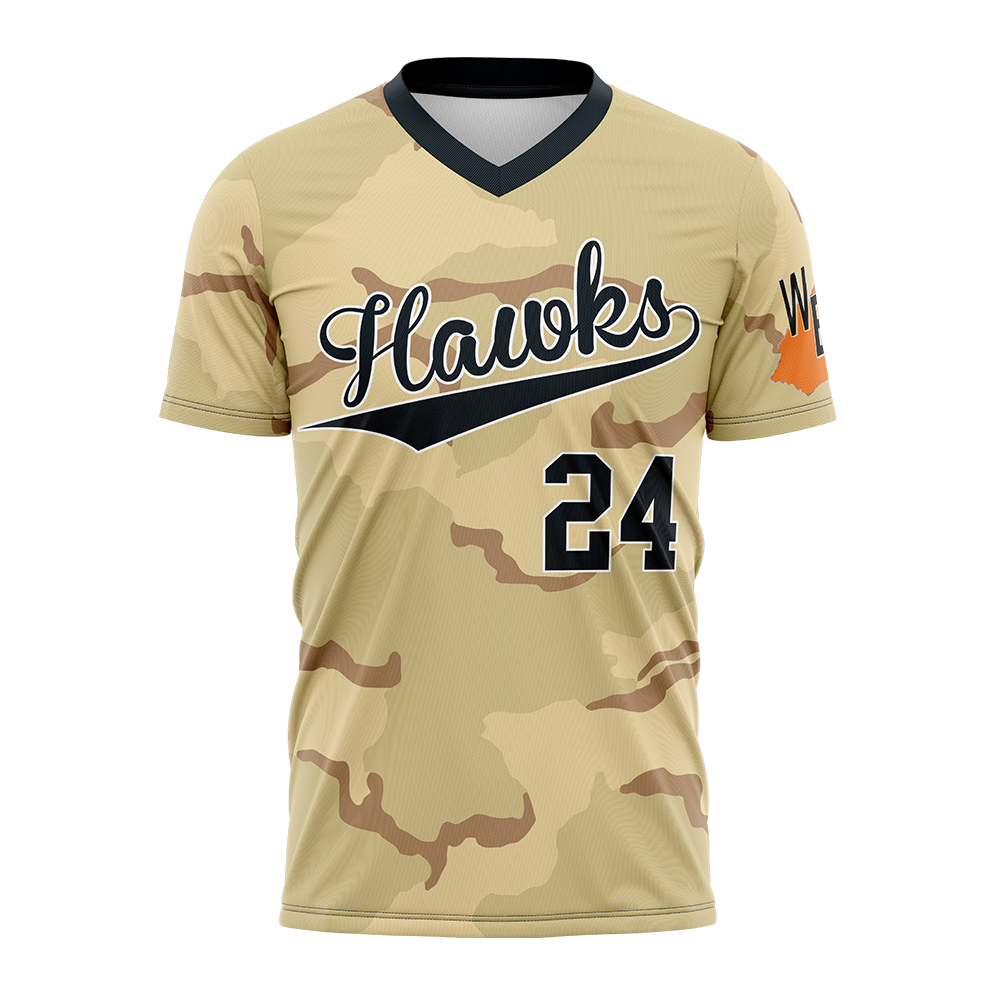 Camouflage sports jersey with 'Hawks' and number '24' on a white background