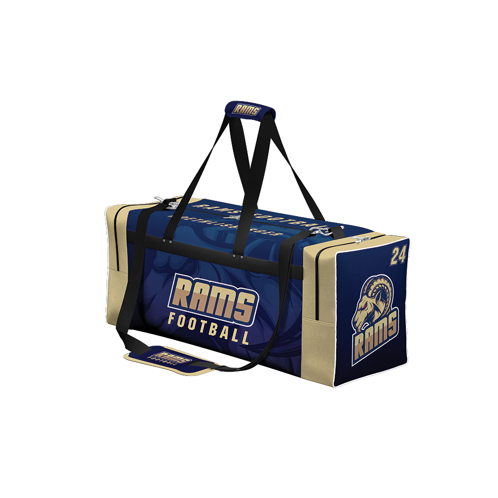 Blue sports bag with Rams logo on a white background