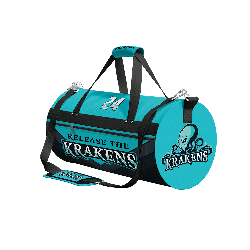 A cylindrical black and turquoise duffel bag with 'RELEASE THE KRAKENS' text and a Kraken logo, featuring a shoulder strap and a number 24.
