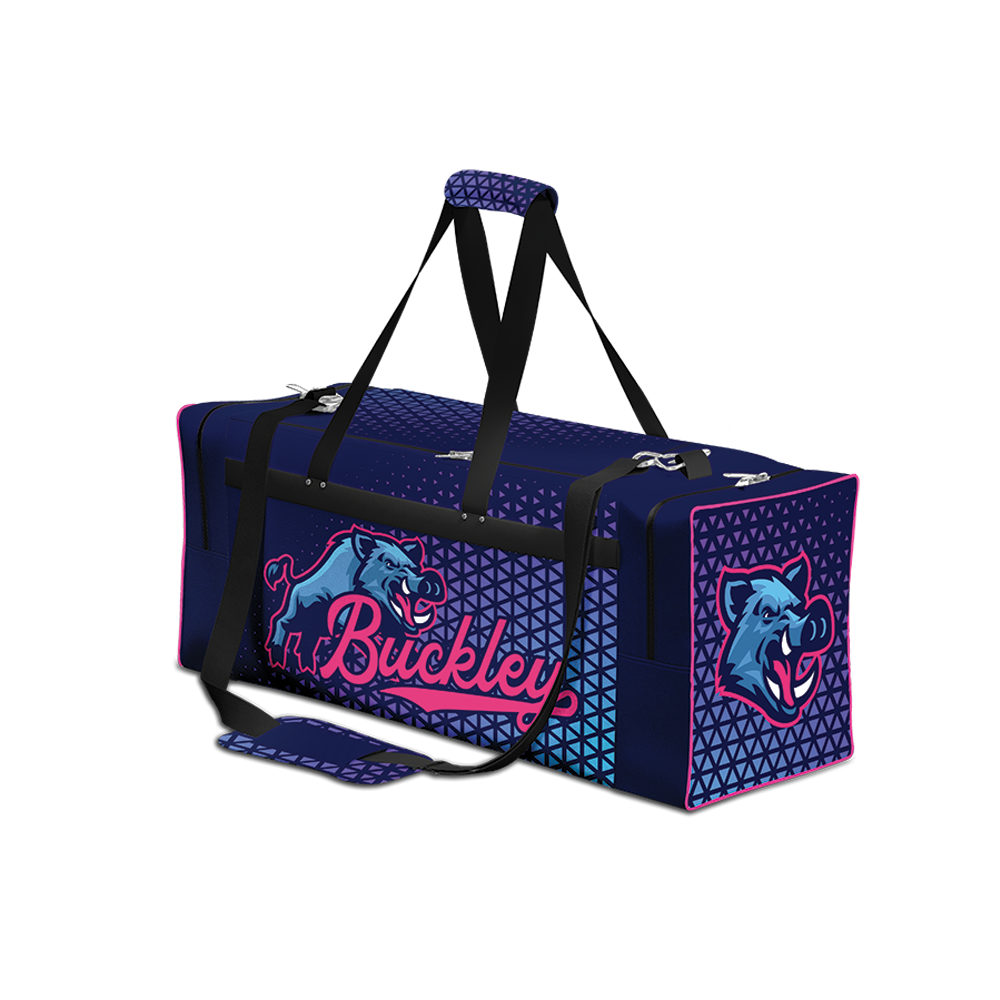 A medium-sized duffel bag with a blue and pink geometric pattern and a logo that reads 'Buckley' prominently displayed on the side.