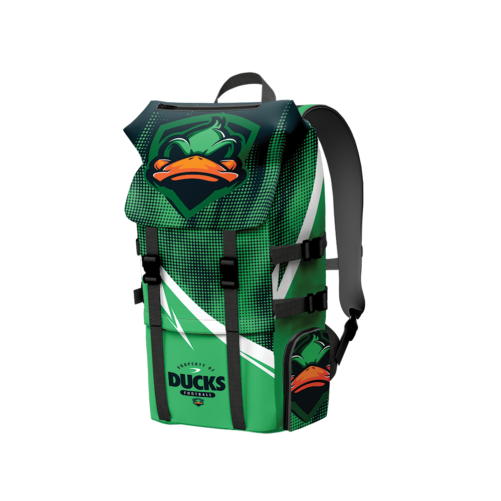 A green adventure backpack with Ducks design and a large central pocket, featuring ergonomic shoulder straps.