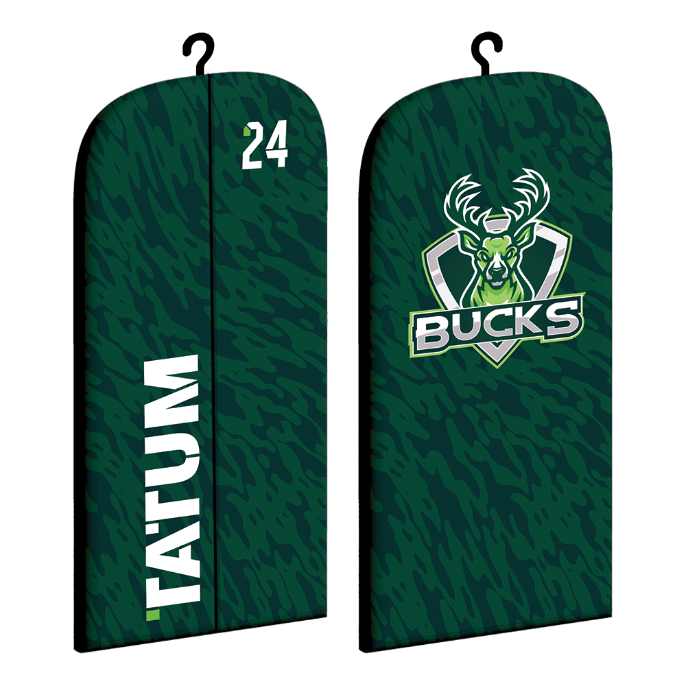 A green garment bag with 'Bucks' logo and the number 24 on it, designed for breathable storage of uniforms.