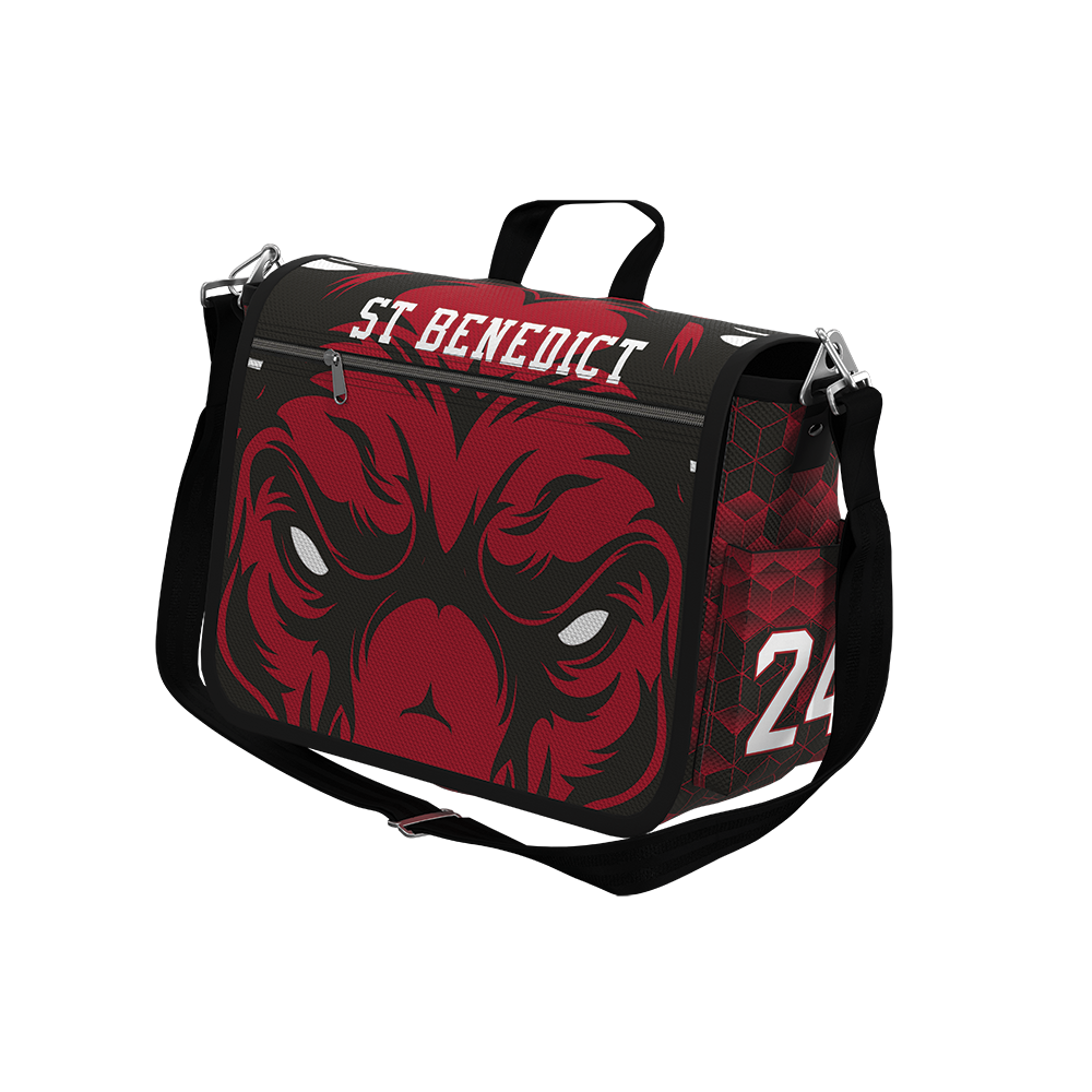 A black and red messenger bag with a graphic print of a stylized face and the text 'ST BENEDICT' on the front.