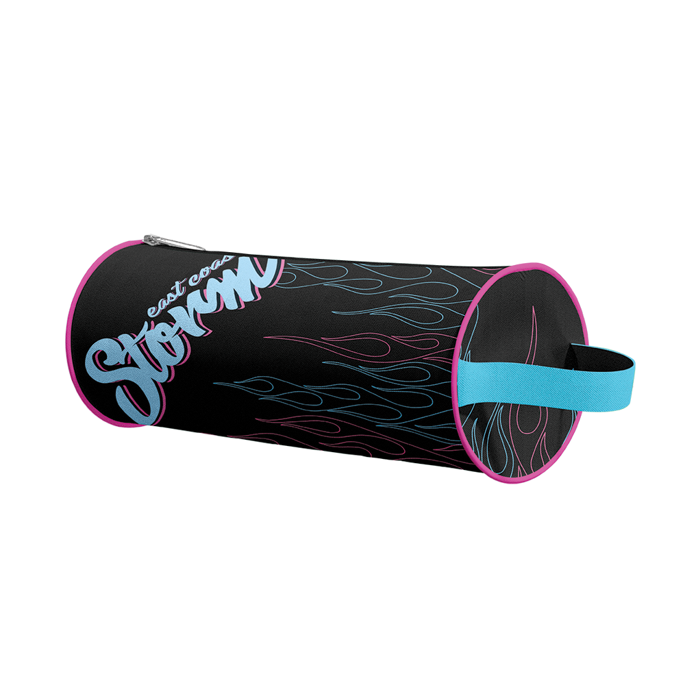 A black cylindrical bag with blue and pink flame patterns and the text 'East Coast Storm'. It features a blue strap on one end.