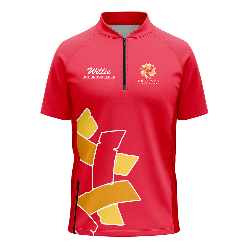 Red sports shirt with yellow graphics and text on a white background