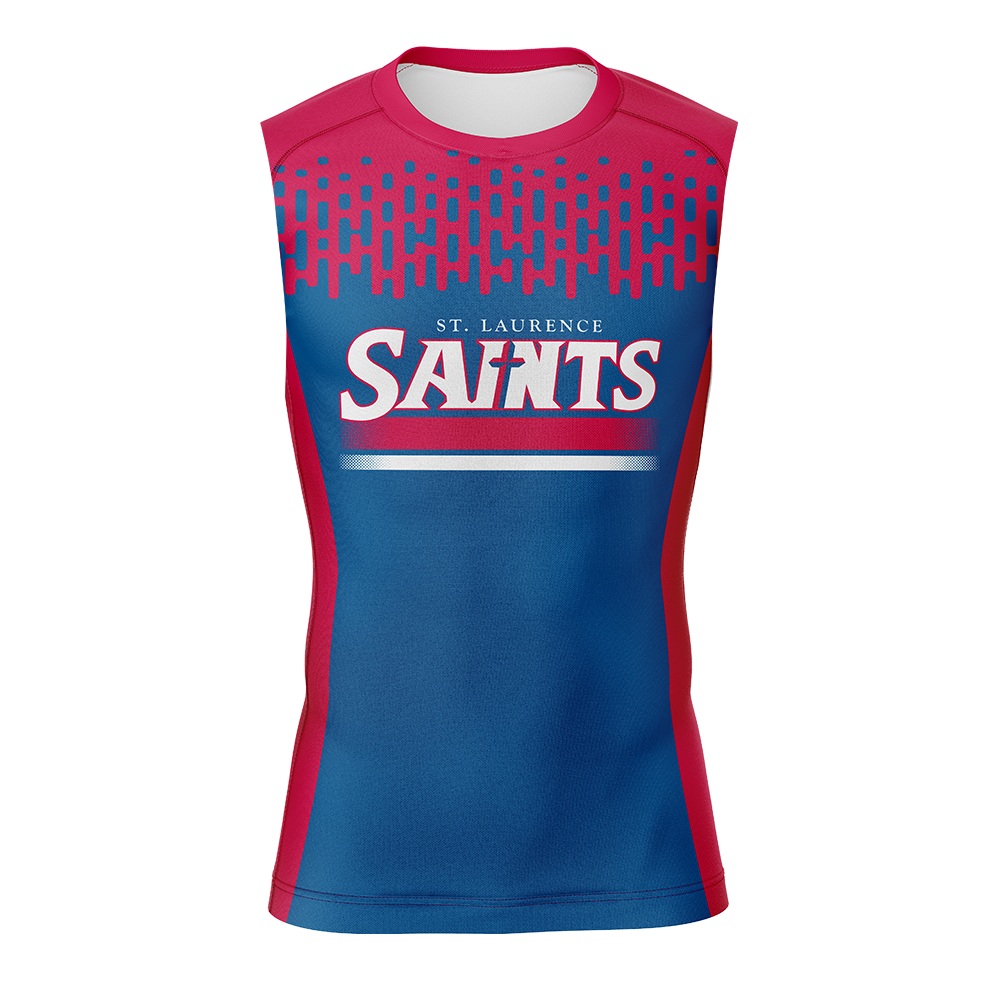Blue and red sleeveless shirt with 'St. Laurence Saints' text on a white background