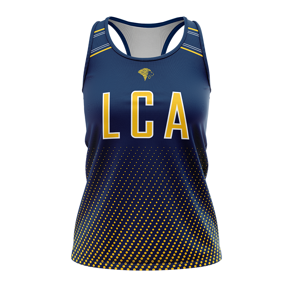 Navy tank top with yellow 'LCA' letters on a white background