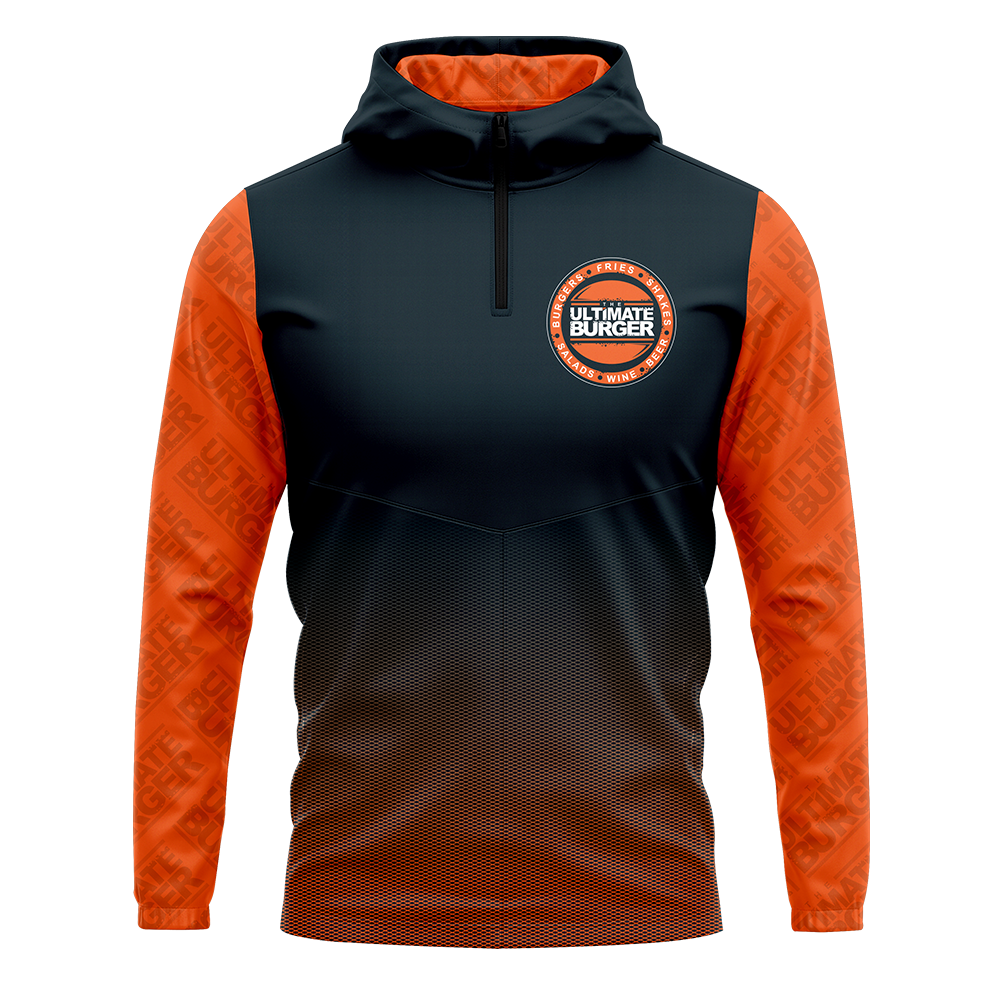 Black and orange hoodie with a logo on a white background