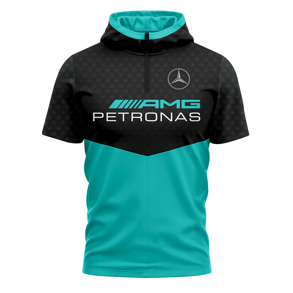 Black and teal hoodie with AMG Petronas logo on a white background