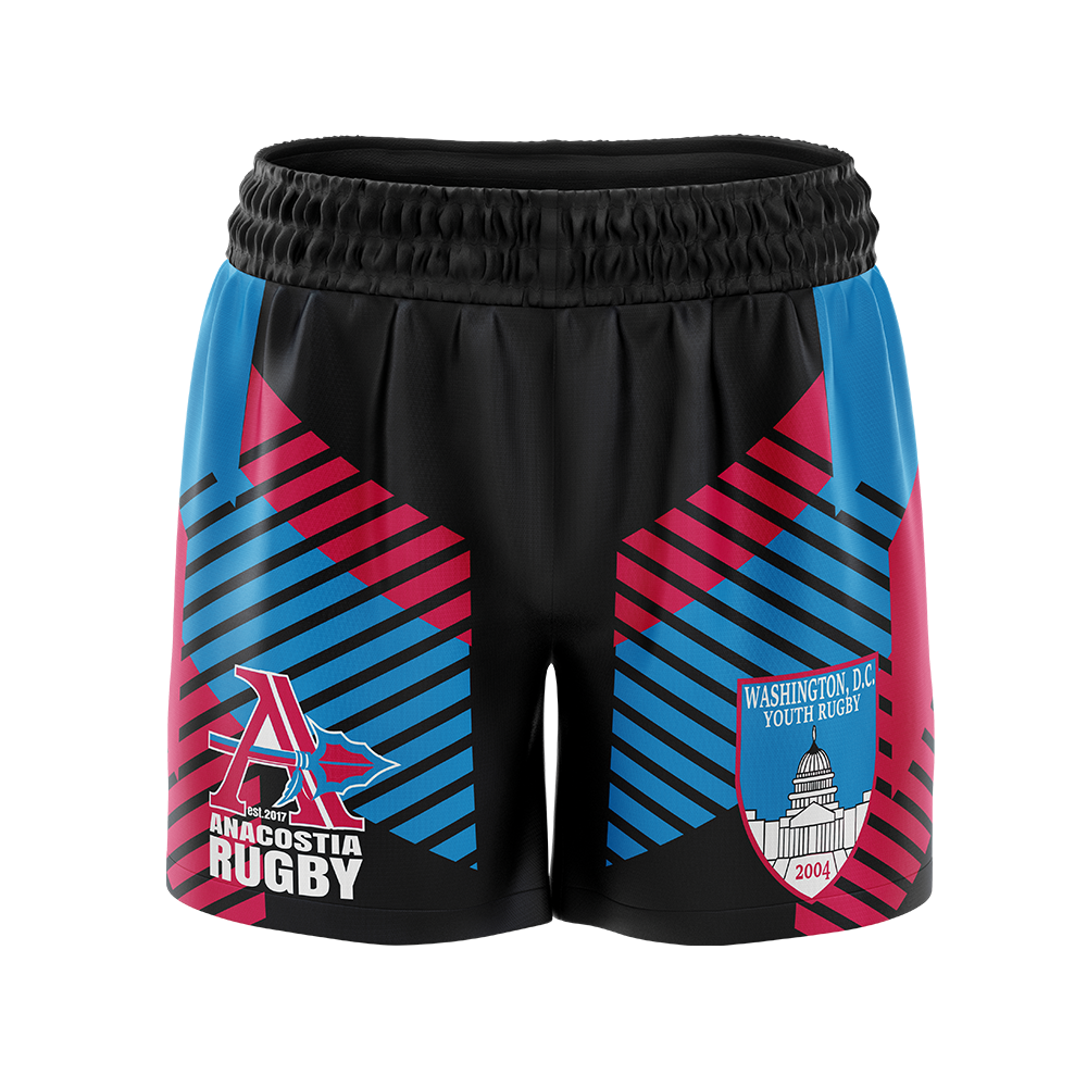Black shorts with red and blue geometric patterns and logos on a white background