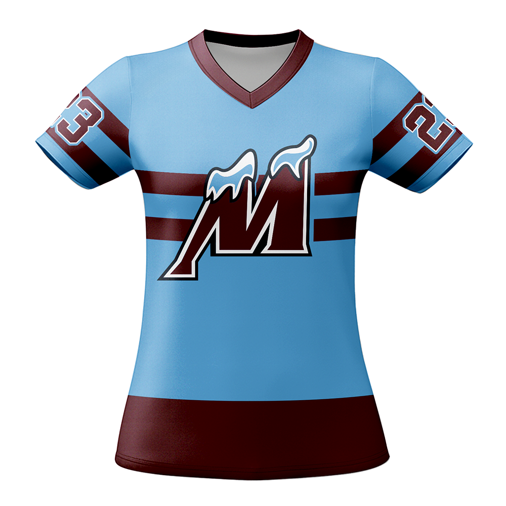 Light blue sports jersey with brown accents and a logo on a white background