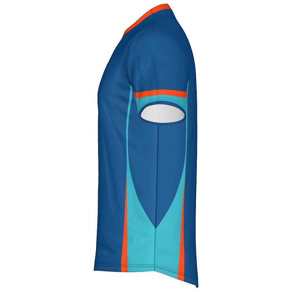 Blue shirt with teal and orange accents on a white background