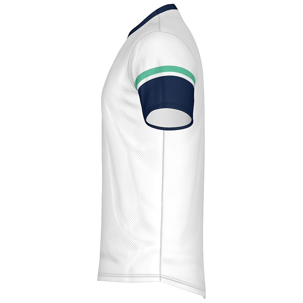 White shirt with navy and green accents on a white background