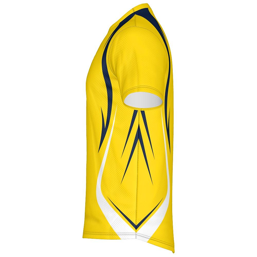 Yellow shirt with navy and white accents on a white background