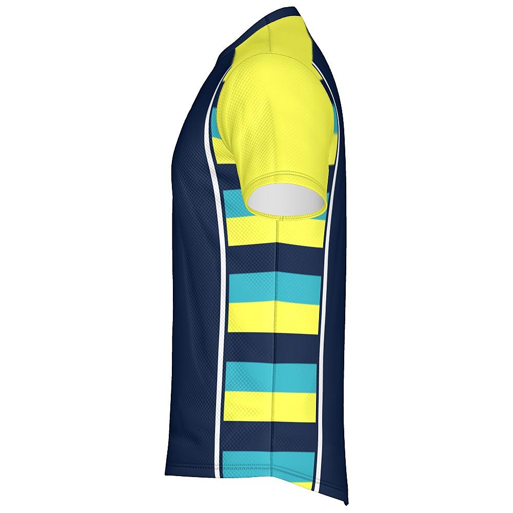 Navy shirt with yellow sleeves and striped side panels on a white background