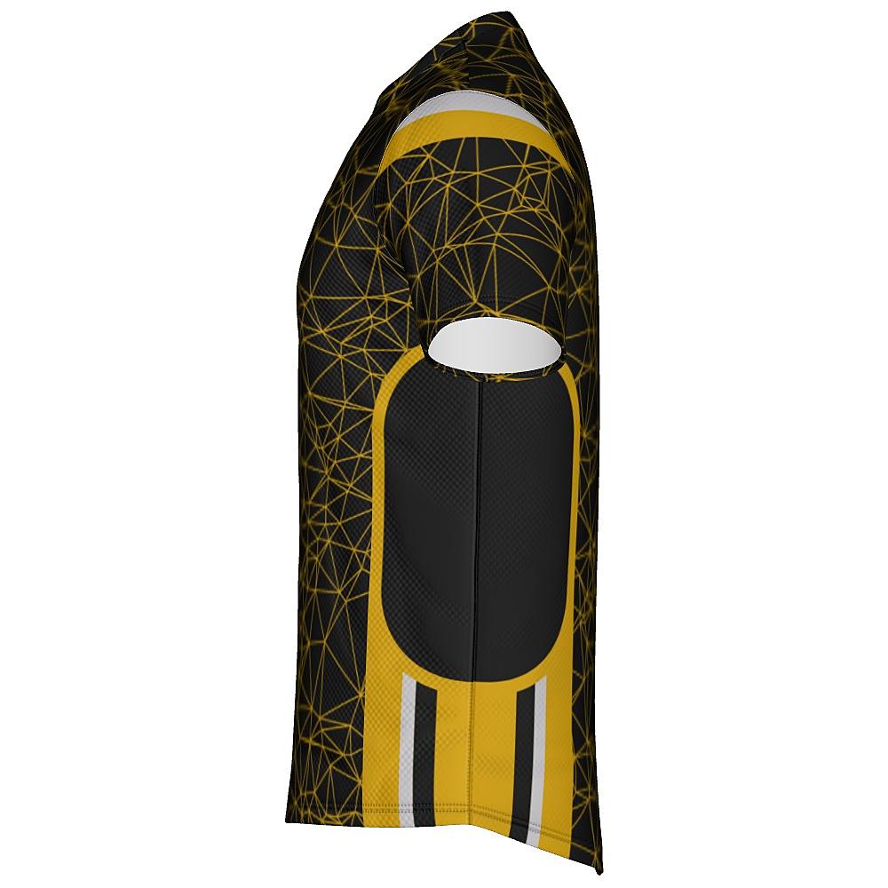Black shirt with yellow geometric design on a white background
